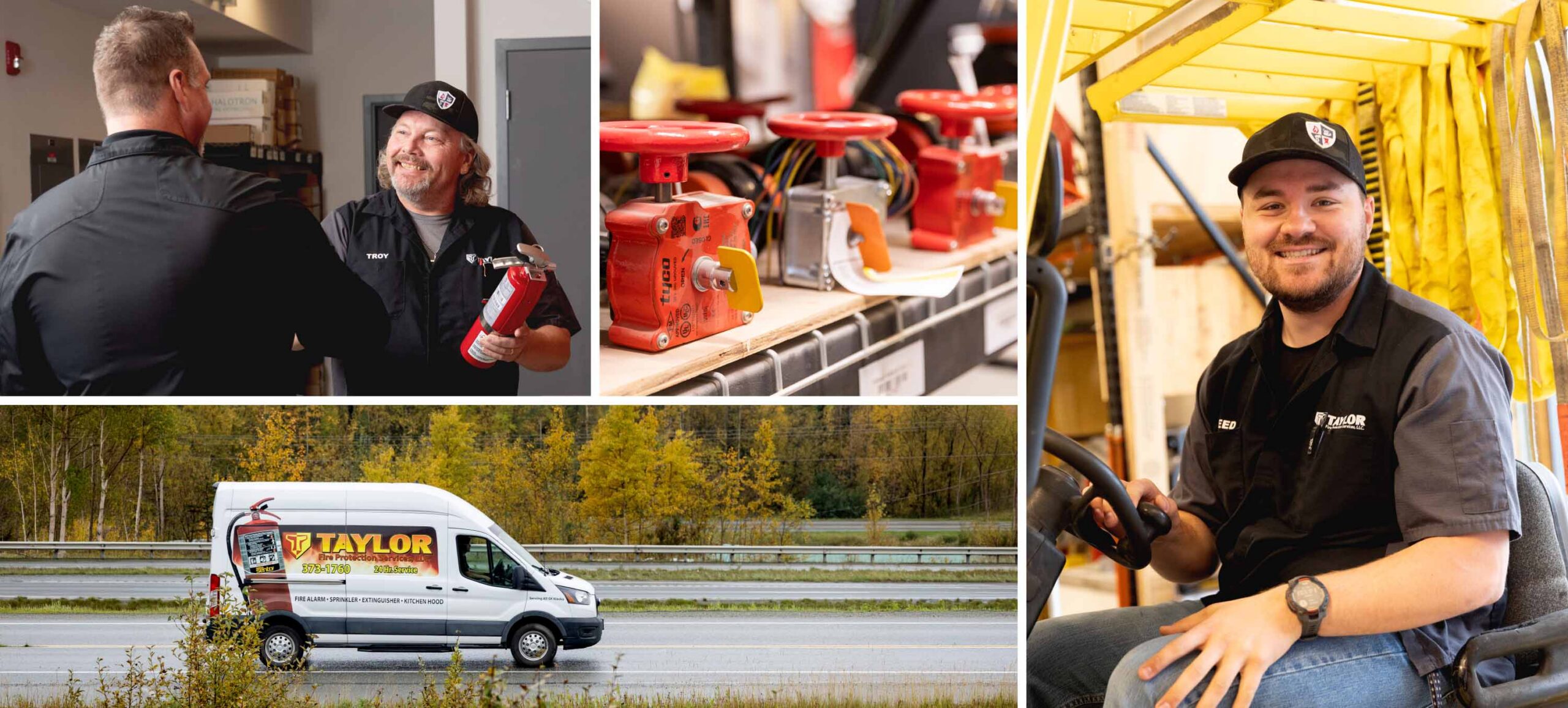 Photo collage of Taylor Fire technicians, trucks and equipment