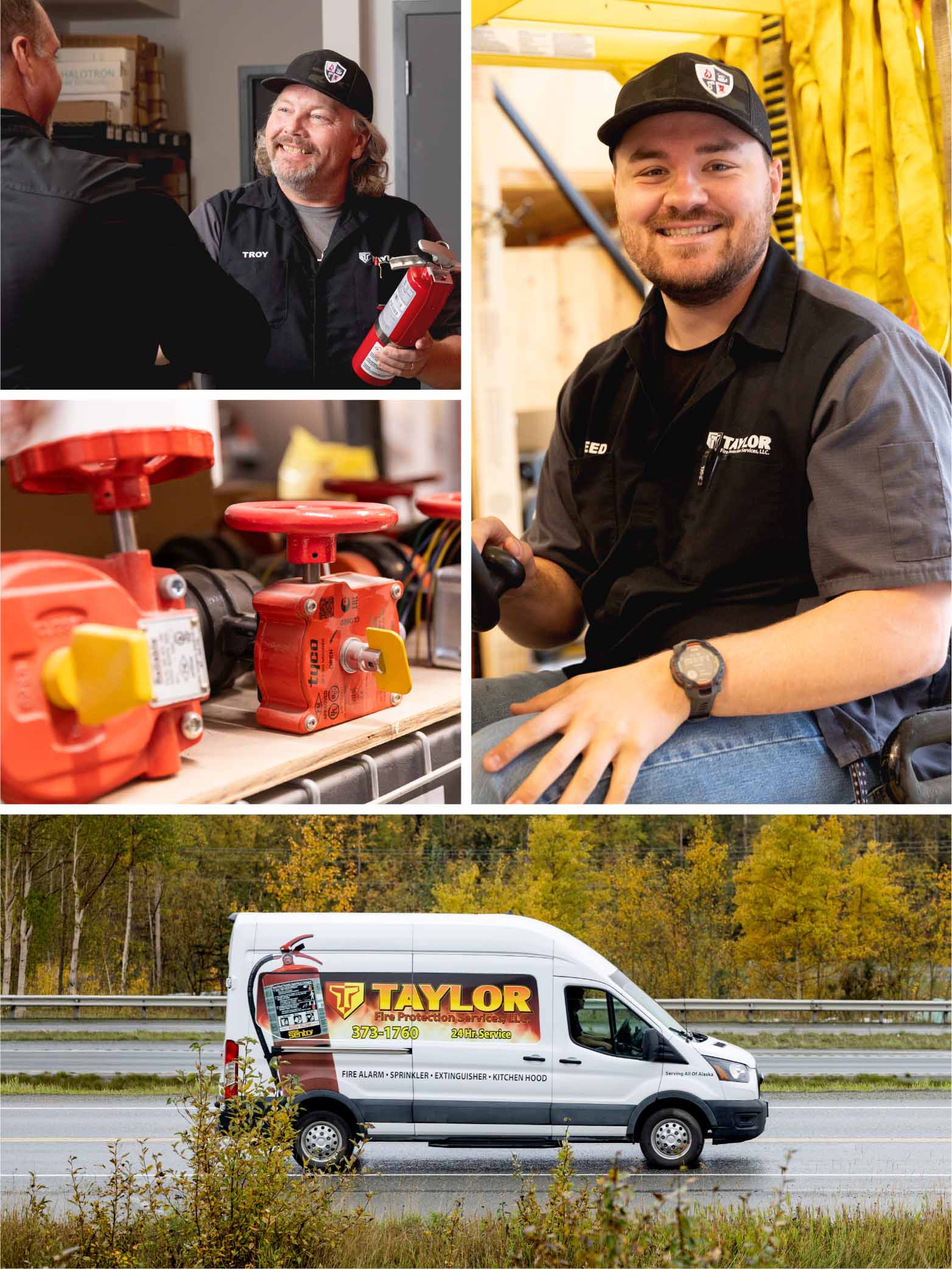 Photo collage of Taylor Fire technicians, trucks and equipment